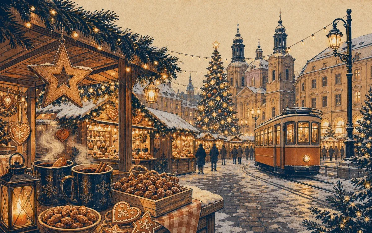 Illustration for the A1 story "Auf dem Weihnachtsmarkt": It is December and Lukas goes to the Christmas market. The market is beautiful. Everywhere there are lights and music. Lukas smells mulled wine and roasted almo