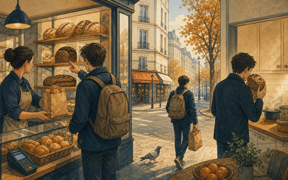 Illustration for the A1 story "Der Bäcker an der Ecke": Tim queues for warm rolls, guesses a rye loaf by smell alone, and leaves with crumbs on his scarf and clearer German for the next bakery stop.