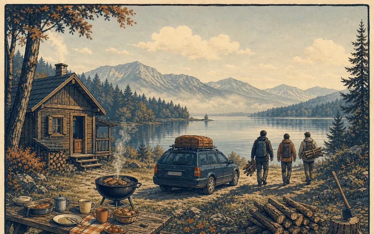 Illustration for the A2 story "Ein Wochenende am See": Jonas plans a quiet weekend at the lake and learns that bad weather can still make a good story.