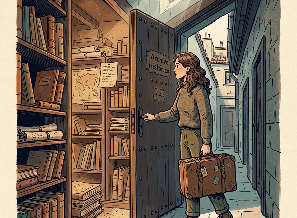 Illustration for the A2 story "El Descubrimiento de Clara": Clara walks into the library's old archive room carrying a suitcase.