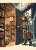 Illustration for the A2 story "El Descubrimiento de Clara": Clara walks into the library's old archive room carrying a suitcase.