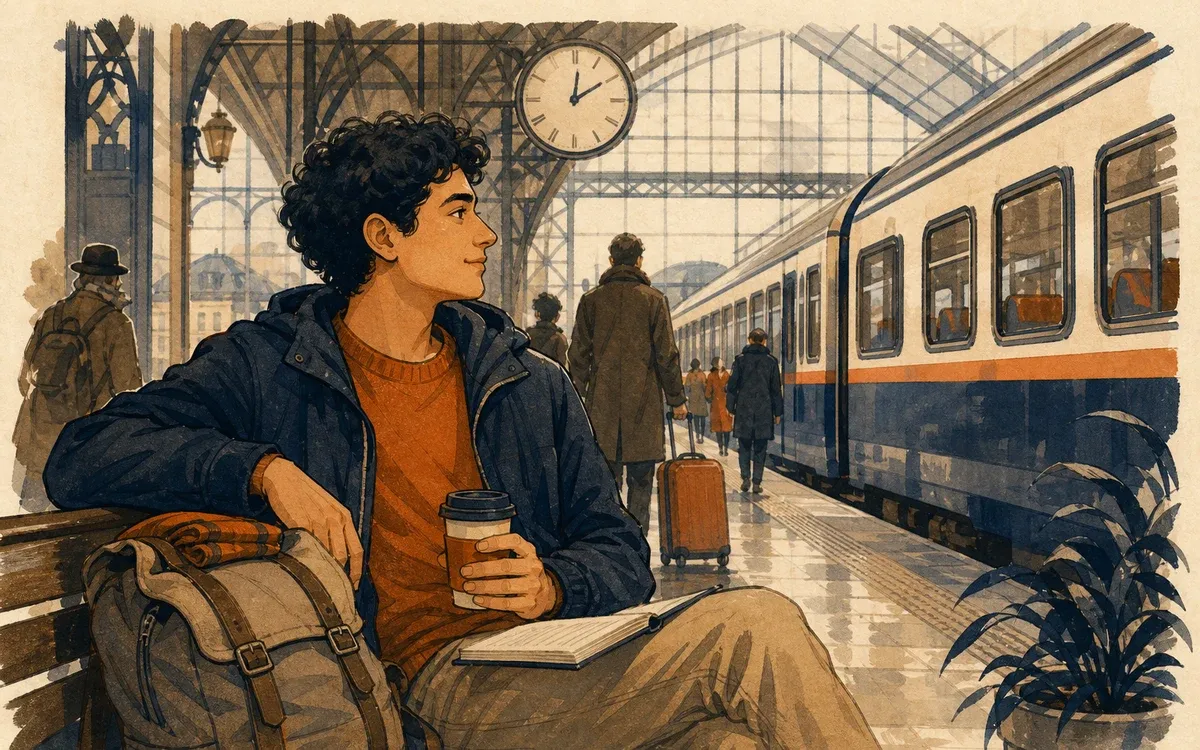 Illustration for the A2 story "El Viaje en Tren": Mateo travels by train to visit his cousin and learns to handle a small delay calmly.
