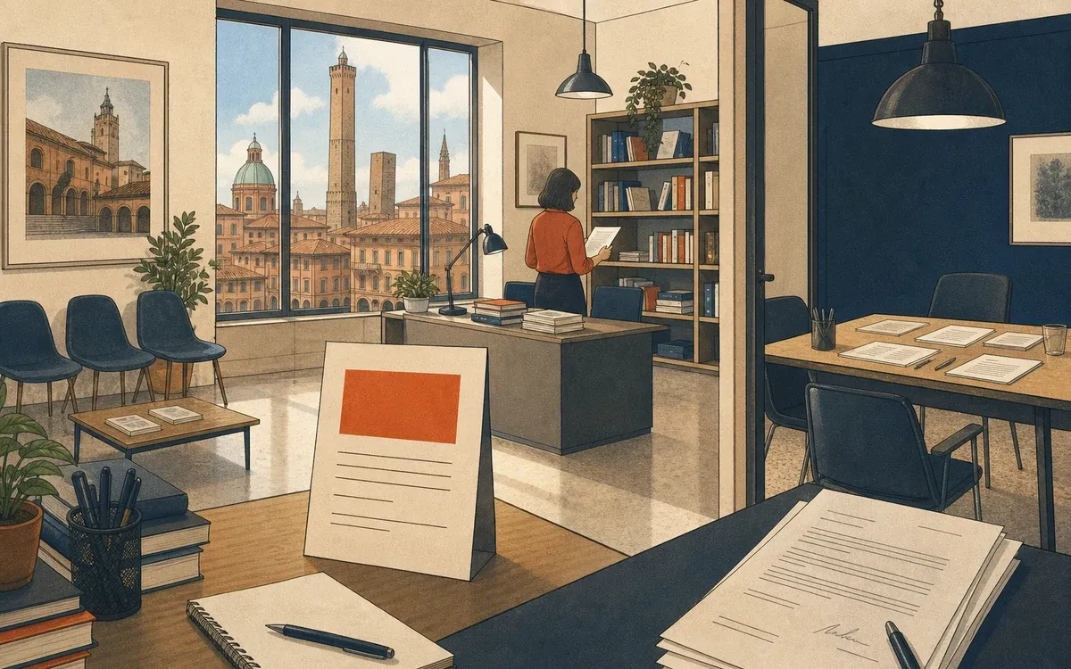 Illustration for the B2 story "Il Posto Vacante": A job interview at a Bologna publishing house reveals that the position may not be what the candidate was led to believe.