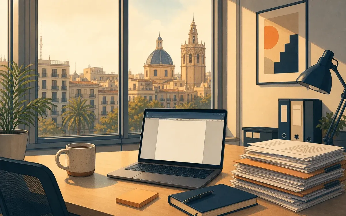 Illustration for the B1 story "La carta de reclamación": Sofia must draft a formal complaint letter for a dissatisfied client but struggles to balance firmness and politeness in a Valencia office.