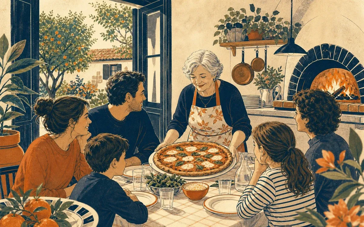 Illustration for the A1 story "La Cena della Nonna": Every Sunday, the Rossi family goes to dinner at grandmother's house. The grandmother's name is Teresa and she lives in a small house with a big garden.