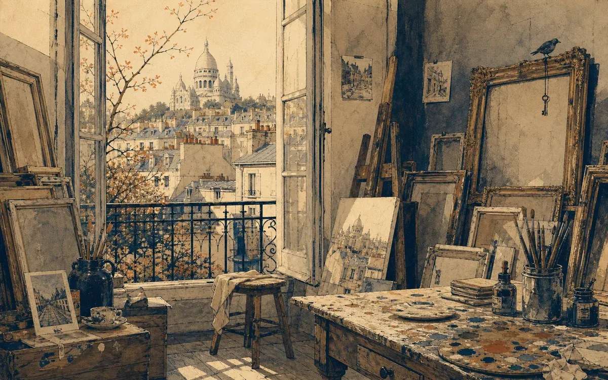 Illustration for the B2 story "La fabrique du souvenir": A granddaughter discovers that her grandmother's paintings in a Montmartre workshop hide a coded family history spanning two generations.