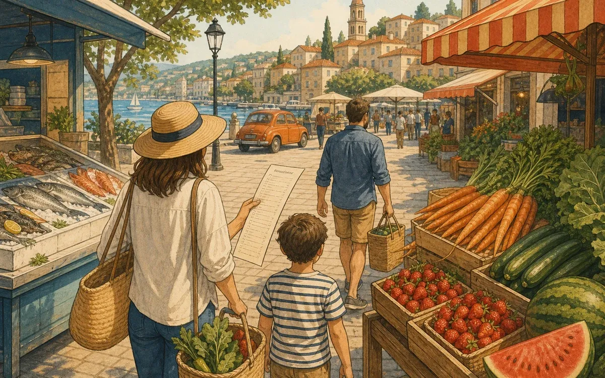 Illustration for the A1 story "La Gita al Mercato": A child's shopping list turns a routine errand into a negotiation with every vendor at the Roman market.