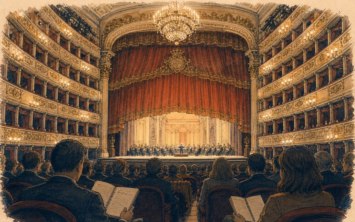Illustration for the B2 story "La Notte della Lirica": A music critic discovers that the soprano's flawless performance at La Scala hides a devastating personal loss.