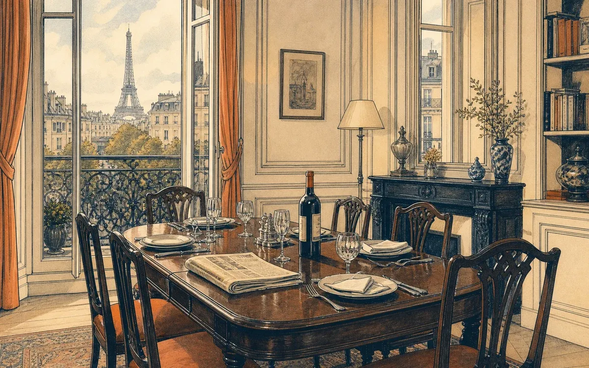 Illustration for the B2 story "Le dîner de la discorde": A wine choice at a family dinner in a bourgeois Parisian home escalates into a confrontation about an old betrayal.