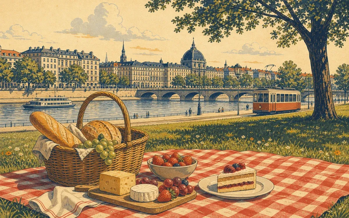 Illustration for the A1 story "Le pique-nique au parc": Two friends share a simple Sunday picnic in a Paris park and learn that politeness shapes how food is offered and received in French.