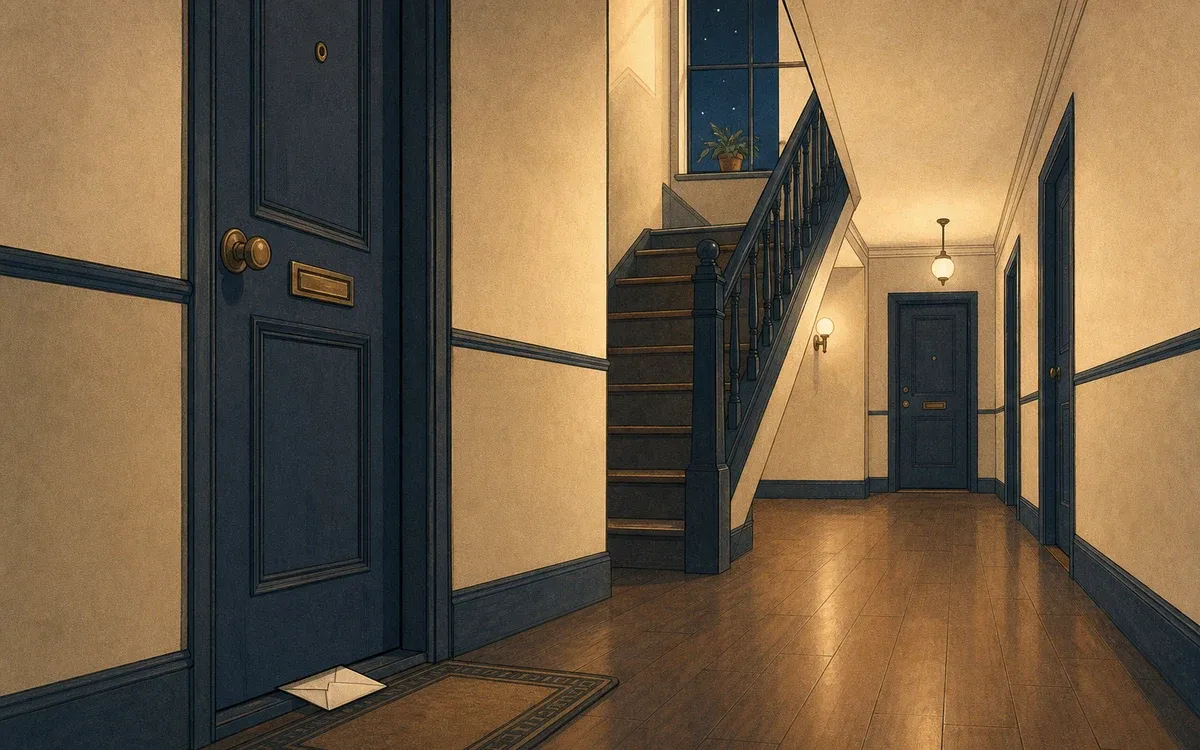 Illustration for the B1 story "Les voisins du dessous": A noise complaint note stuck to the door in a Lyon apartment building leads two neighbors from tension to an unlikely friendship.