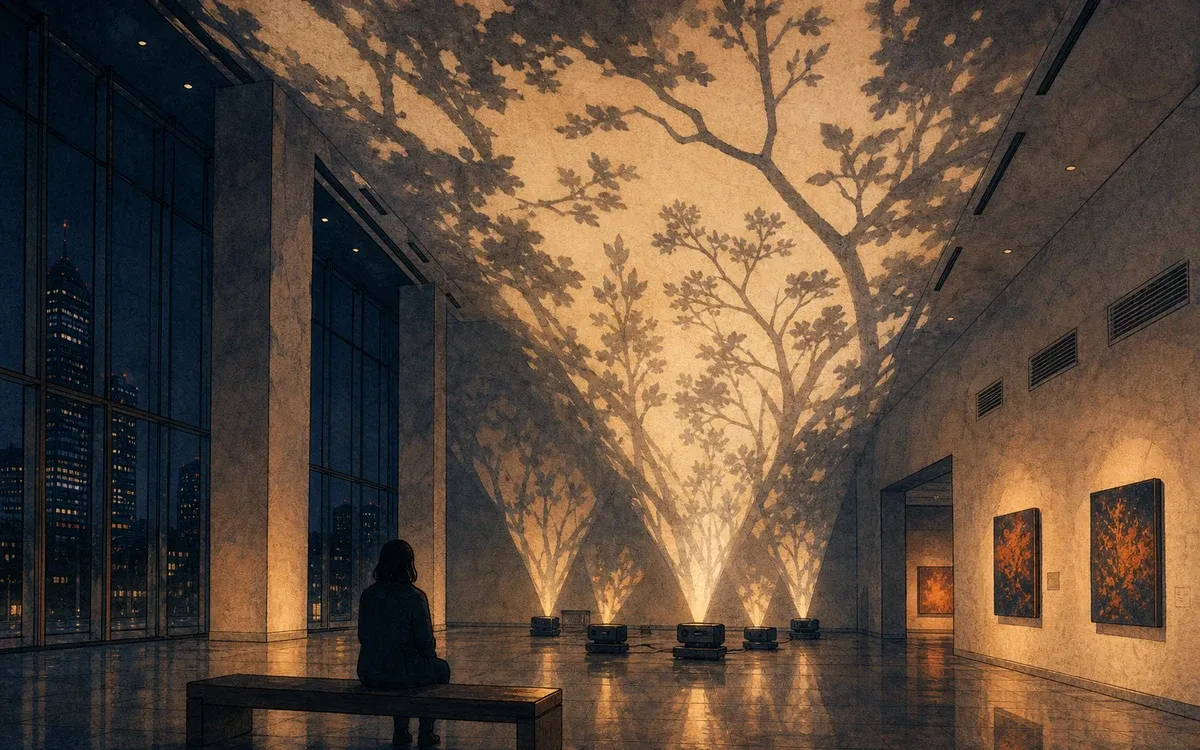Illustration for the B1 story "Lichtinstallation im Museum": Simon erlebt Proben mit Projektoren, sitzt in einer dunklen Halle und geht mit Summen der Klimaanlage hinaus.
