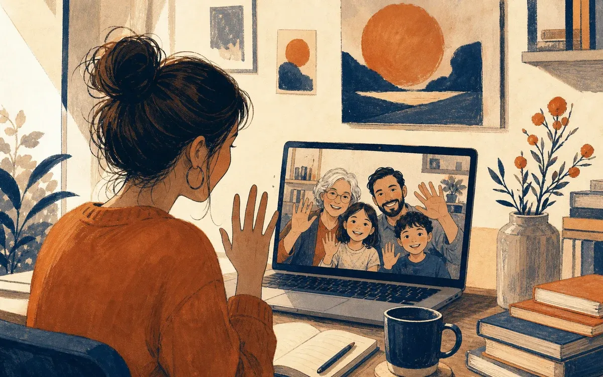 Illustration for the A1 story "Mi Nuevo Vecino": . Setting cues: family-call.