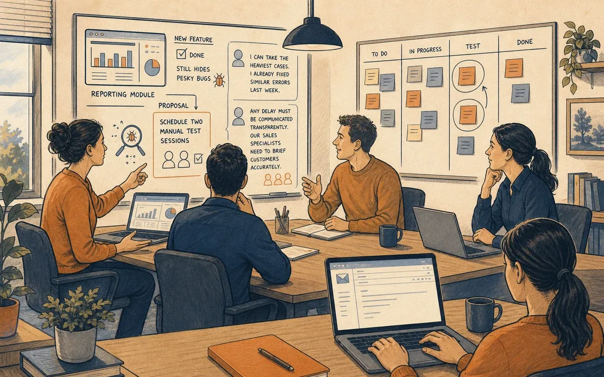 Illustration for the B1 story "Roadmap im Team-Meeting": Daniela erklärt Reporting-Bugs, plant manuelle Tests und verteilt Aufgaben mit einer knappen E-Mail voller Deadlines.