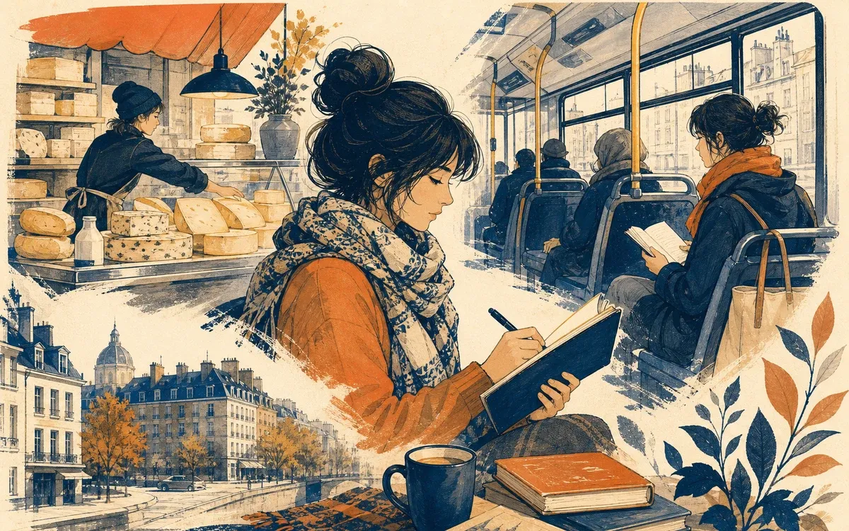 Illustration for the A1 story "Un Dîner Entre Amis": . Setting cues: fromagerie-market, bus-commute.
