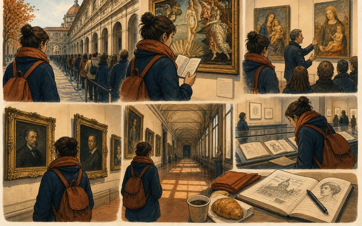 Illustration for the B1 story "Una visita agli Uffizi": Sofia trades crowd photos for slow caption reading, argues with herself about restorations, and exits with fewer crisp JPEGs and steadier art vocabulary.
