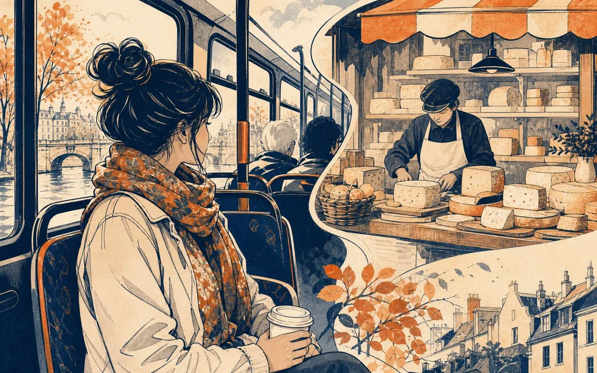 Illustration for the A1 story "Une Rencontre au Café": . Setting cues: bus-commute, fromagerie-market.