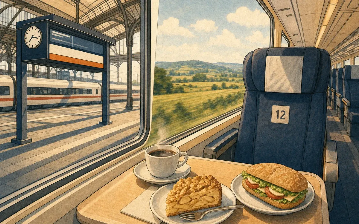 Illustration for the A2 story "Zugfahrt nach München": Laura double-checks the platform flip, survives a cheerful snack trolley, and steps into München Hauptbahnhof with fewer translation crutches.