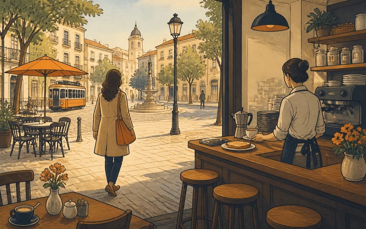 Illustration for the Spanish lesson “El primer café”: Marta's first morning in the barrio, a coffee at the bar on the square, and a price she has to understand.