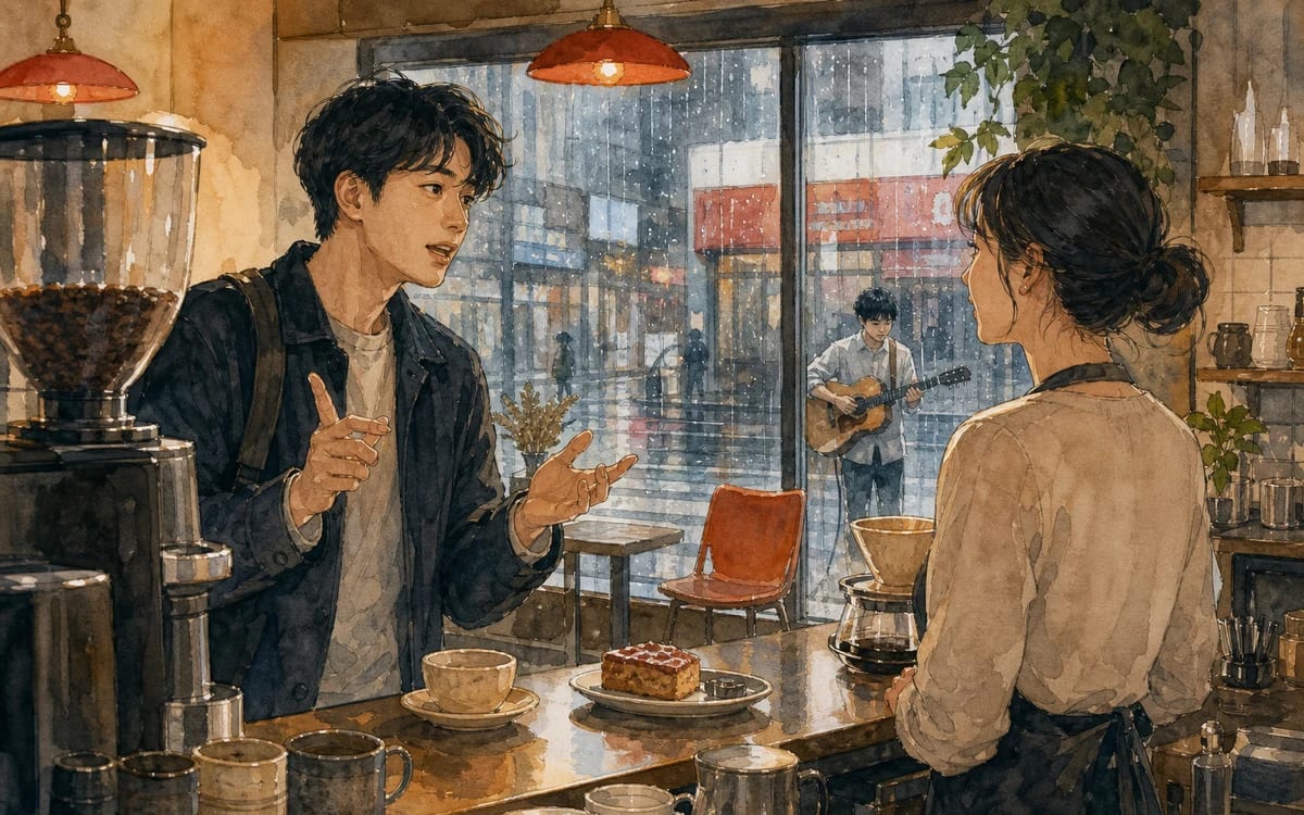 Junho changes his coffee order at a busy Hongdae cafe while rain streaks the last open window seat.