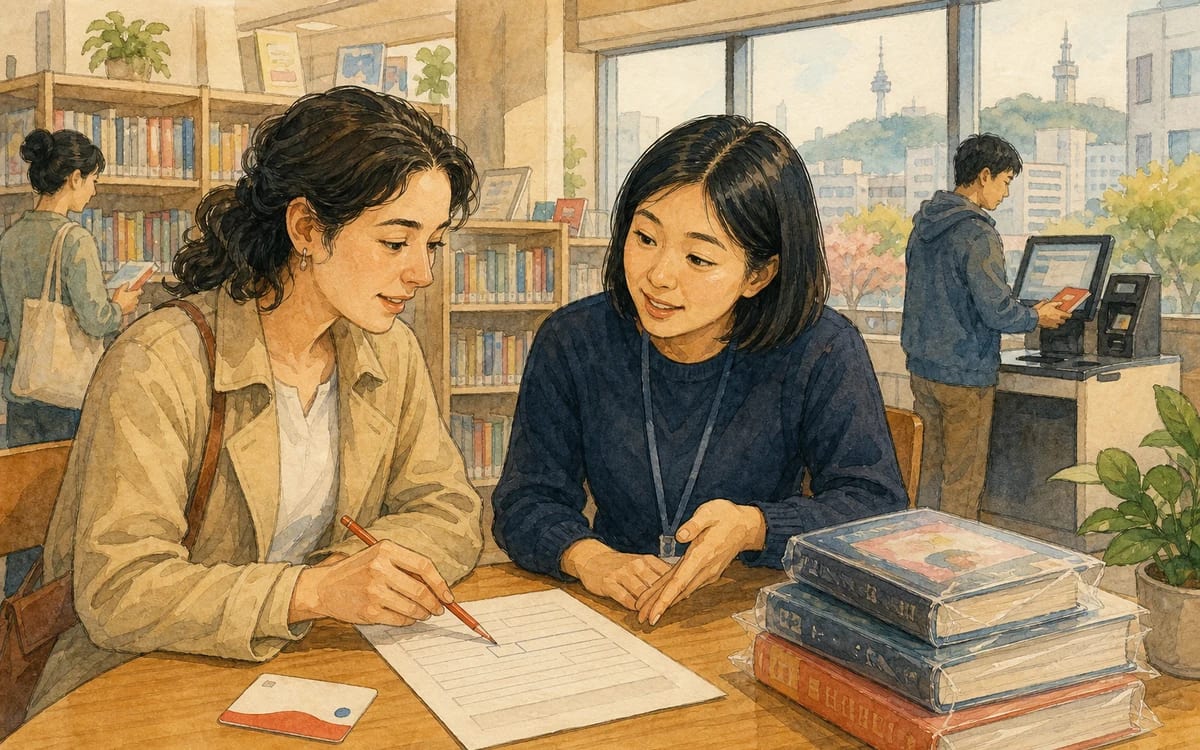 Alex points to one unfamiliar box on a Korean library form while a librarian explains it.