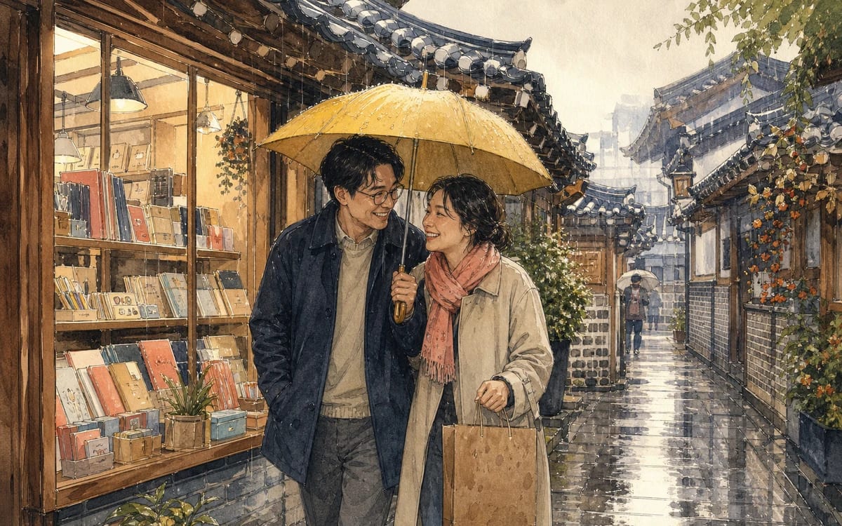 Jisoo and her neighbor share one small yellow umbrella through a rain-soaked Ikseon-dong alley.