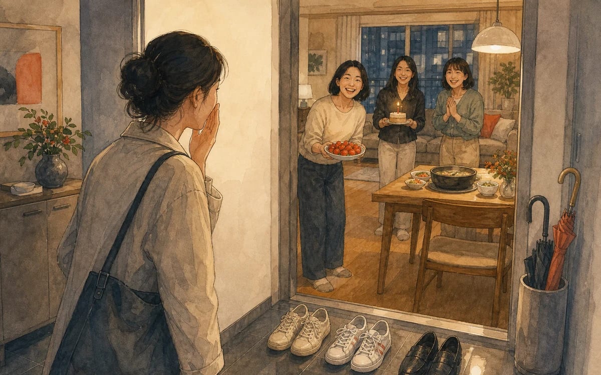 Three pairs of shoes reveal a small birthday surprise waiting inside Nari's Daejeon apartment.