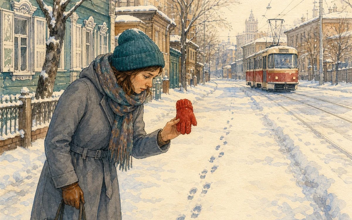 Lena follows small footprints through fresh snow while holding a child's bright red mitten in Yekaterinburg.