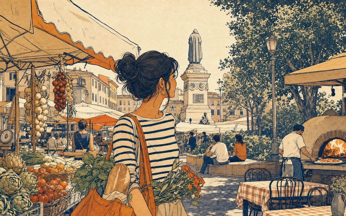Illustration for the A1 story "Al Mercato": It's Saturday morning and Giulia goes to the market at Campo de' Fiori, in Rome. The market is outdoors and there are many colorful stalls.