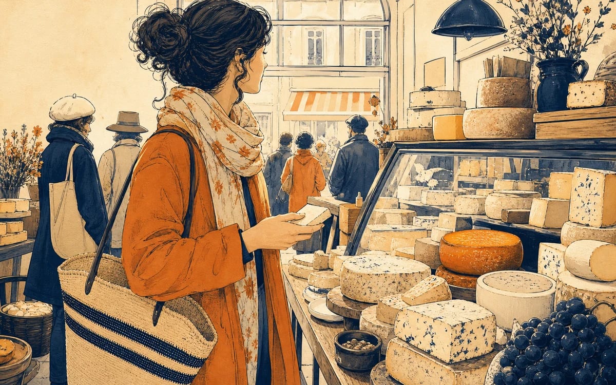 Illustration for the A1 story "Au Marché": . Setting cues: fromagerie-market.