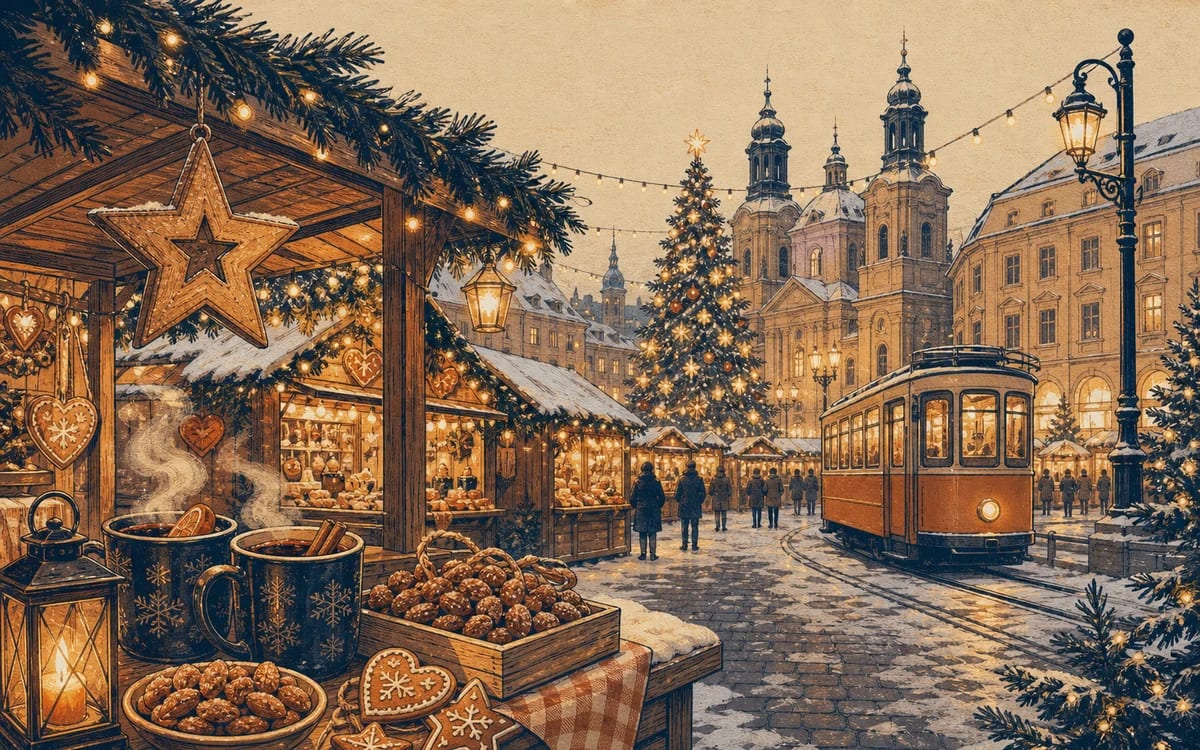 Illustration for the A1 story "Auf dem Weihnachtsmarkt": It is December and Lukas goes to the Christmas market. The market is beautiful. Everywhere there are lights and music. Lukas smells mulled wine and roasted almo
