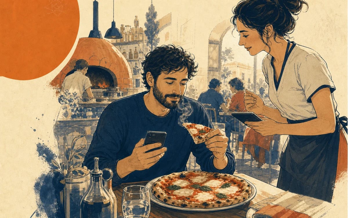 Illustration for the A2 story "Cena alla pizzeria": Marco prenota un tavolo, chiede consigli educati alla cameriera e assapora una margherita calda senza distrarsi dal telefono.