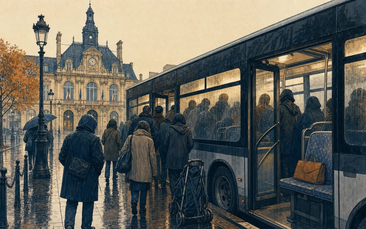 Illustration for the A2 French reader "Cinq minutes sous la pluie": On a rainy Clichy bus, Nora must choose between helping with a stroller and arriving on time.