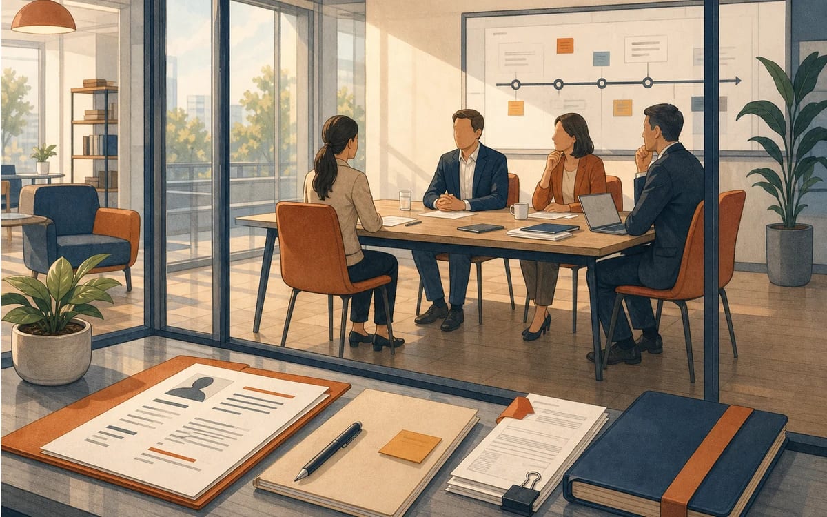 Illustration for the B1 story "Colloquio per lo stage": Giulia arriva in anticipo, spiega progetti universitari e mediazione di gruppo, e aspetta l'email del venerdì con l'esito.