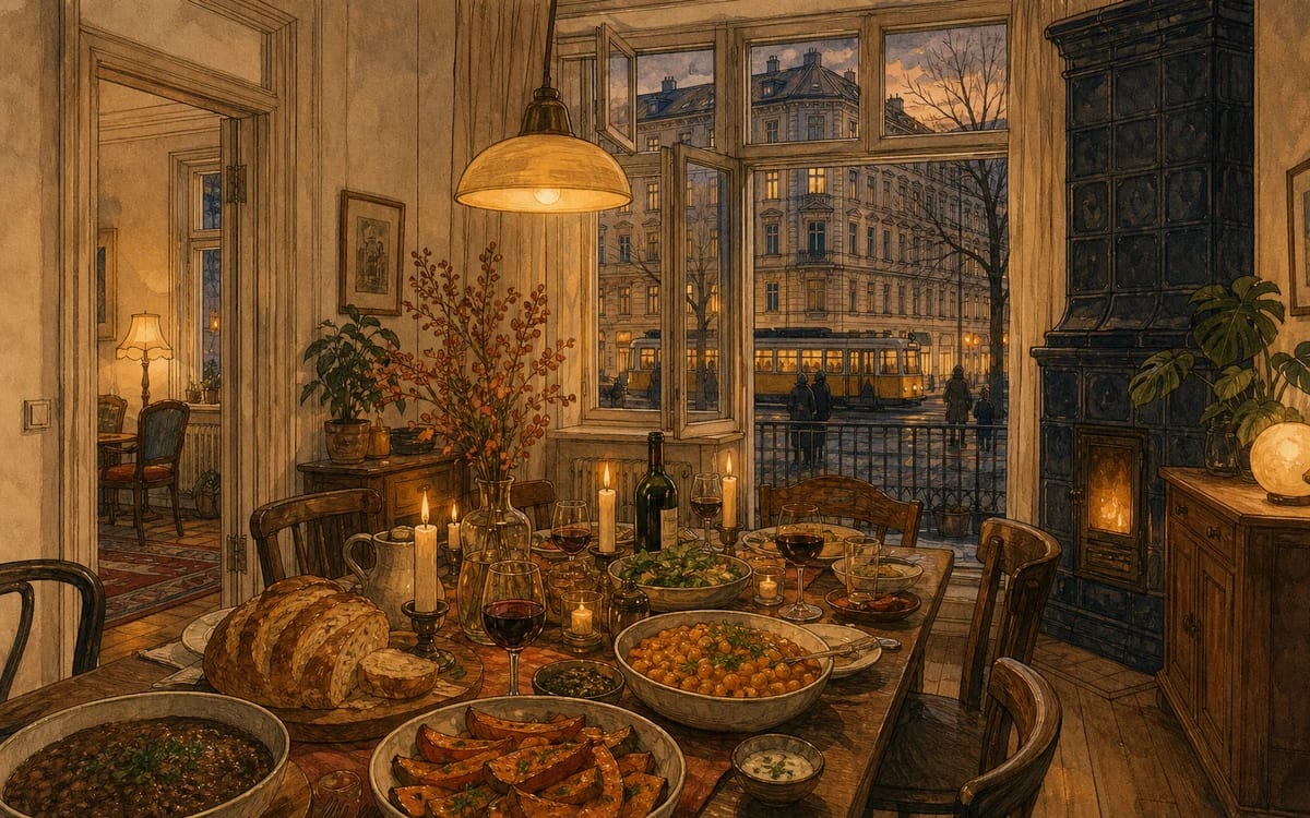 Illustration for the B2 story "Das Abendessen mit Freunden": A dinner between old friends turns tense when dietary choices reveal deeper life divides — and a simmering disagreement finally surfaces.
