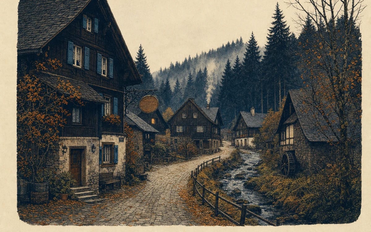Illustration for the B2 story "Das Dorf im Schwarzwald": A historian discovers that an annual village festival commemorates an event the town would prefer to keep buried — and must decide whether to reveal the truth.