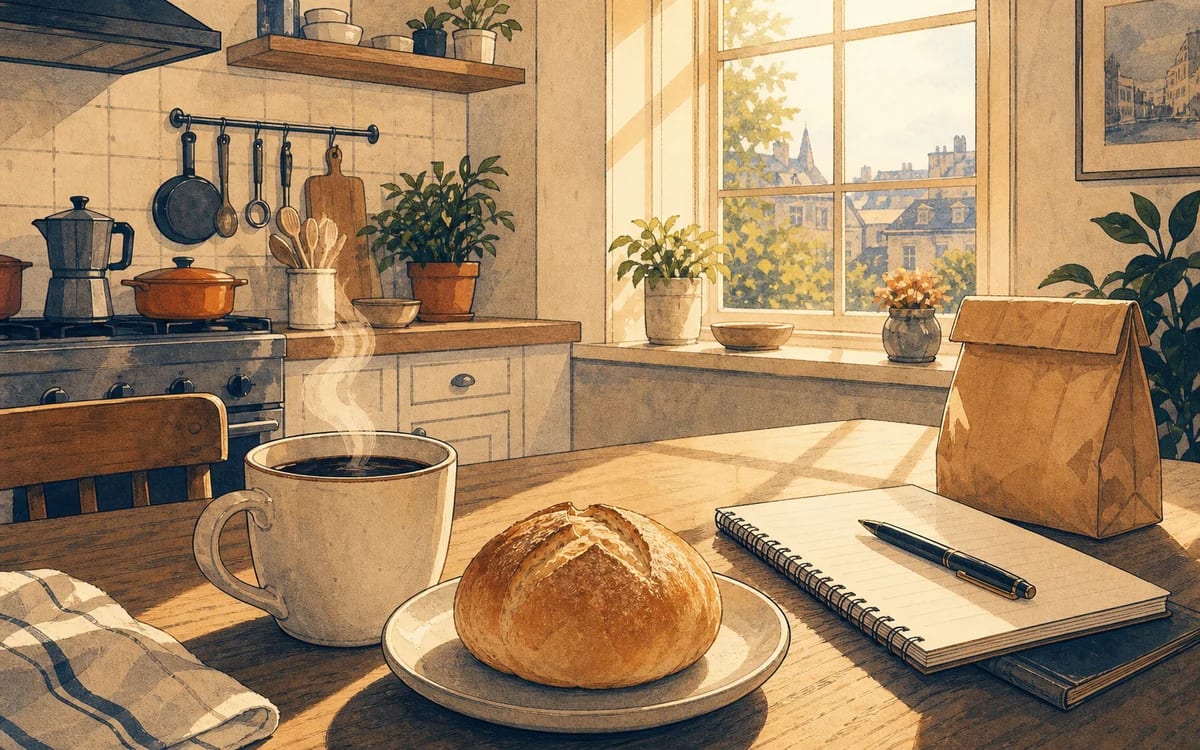 Illustration for the A1 story "Das Frühstück": Every morning, Anna wakes up at seven o'clock. She goes to the kitchen and makes coffee. The coffee is hot and strong. Anna sits down at the table and looks out
