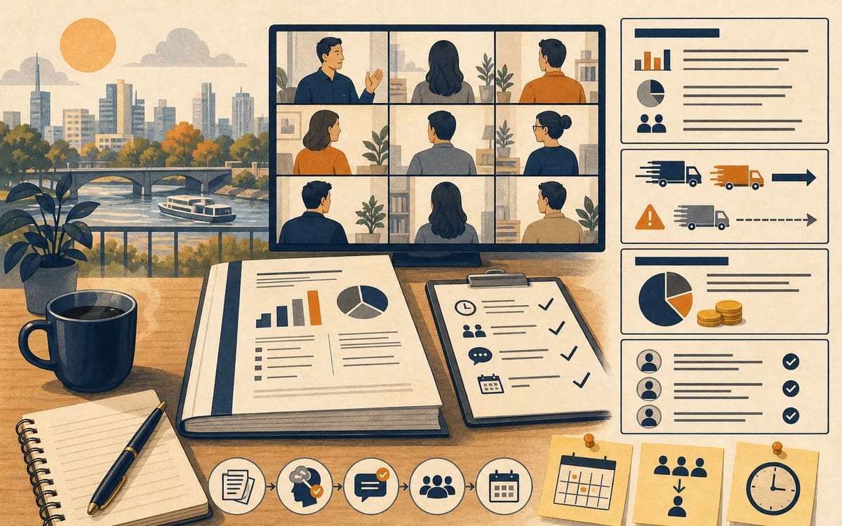 Illustration for the A2 story "Das Team-Meeting am Montag": Nico shares a five-minute update, dodges jargon overload, and follows up with a concise email that actually matches what was agreed.