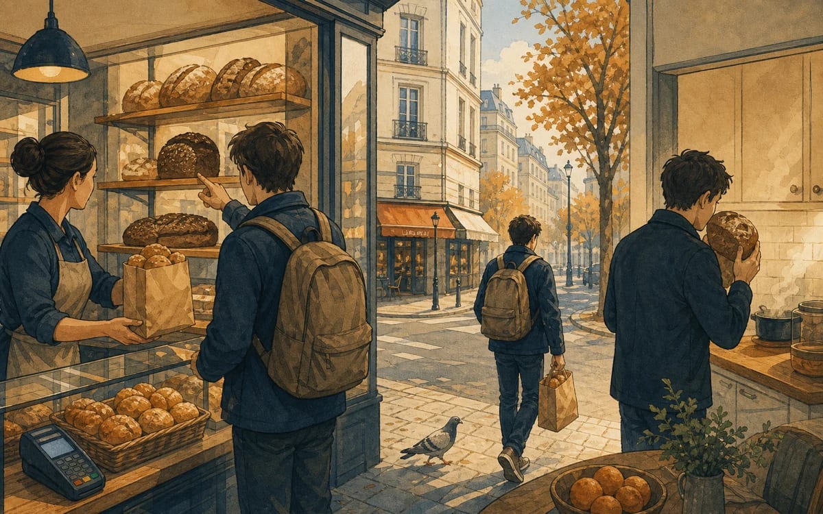 Illustration for the A1 story "Der Bäcker an der Ecke": Tim queues for warm rolls, guesses a rye loaf by smell alone, and leaves with crumbs on his scarf and clearer German for the next bakery stop.