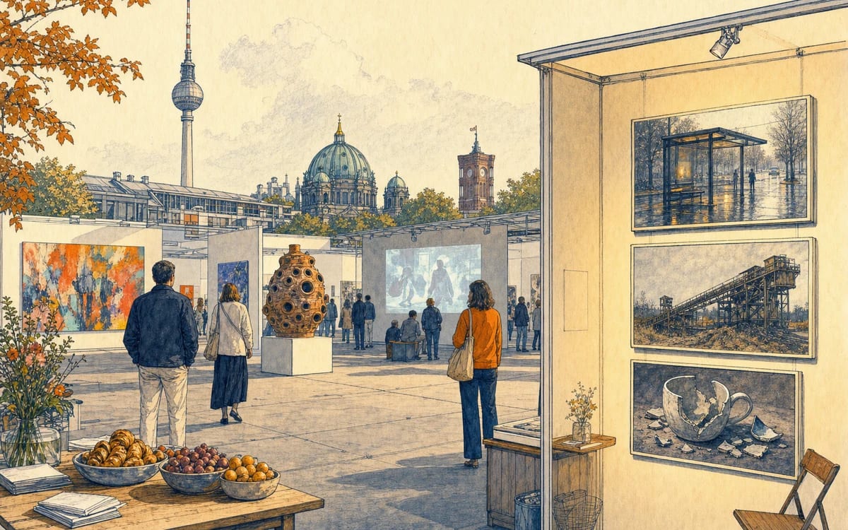 Illustration for the B2 story "Der Kunstmarkt": A young artist's work catches fire on social media, but the gallery owner questions its originality — and a deeper conflict about art and commerce unfolds.