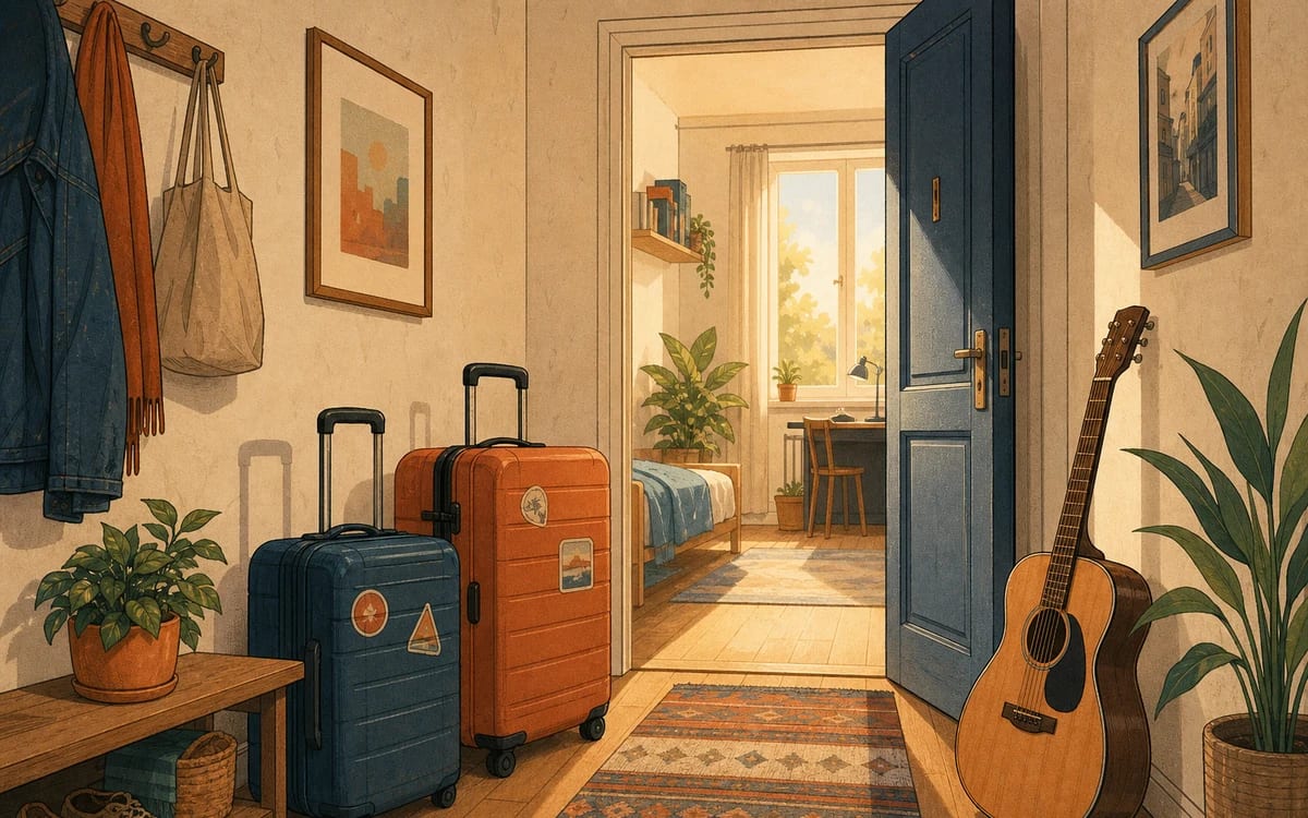 Illustration for the A1 story "Der neue Mitbewohner": Today a new roommate moves into the apartment. His name is Tom and he comes from Munich. Tom has two large suitcases and a guitar. "Hello, I'm Tom. Nice to meet