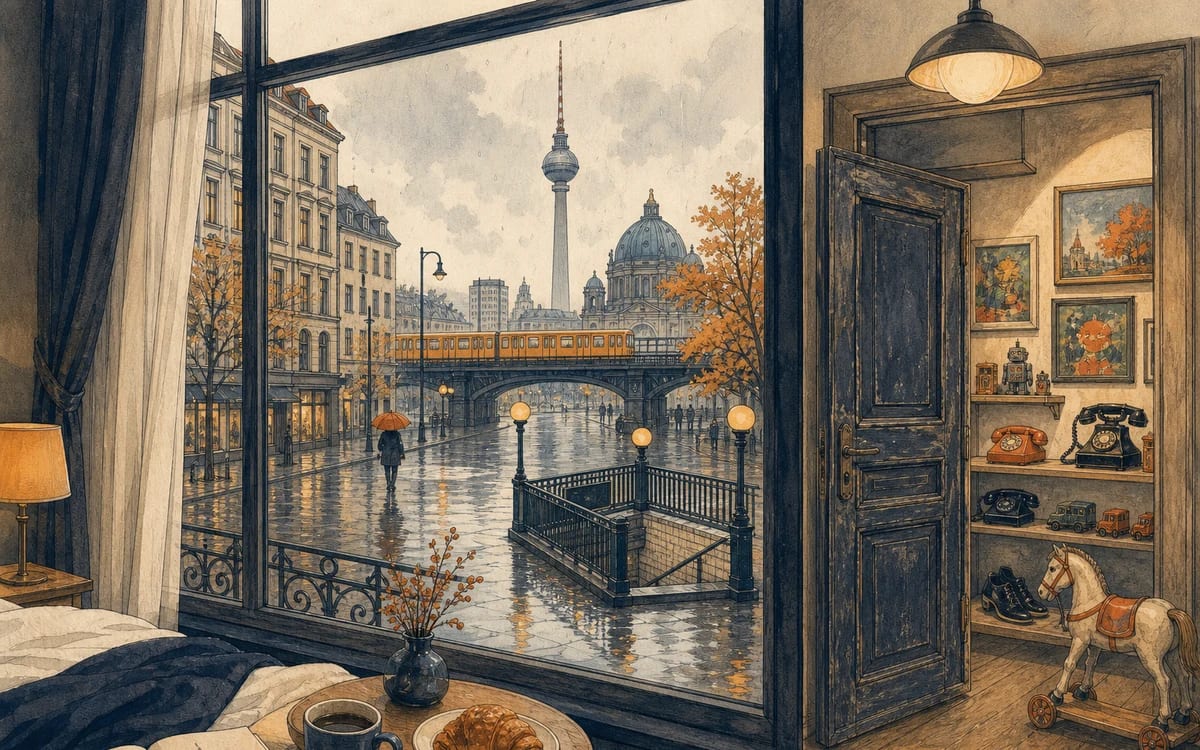 Illustration for the A1 story "Der Regentag in Berlin": A rainy day in Berlin forces a tourist to explore a small museum that turns out to be the unexpected highlight of her trip.