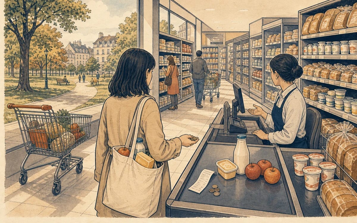 Illustration for the A1 story "Der Supermarkt am Samstag": Lina navigates Saturday crowds, hunts down milk and apples, and escapes the checkout with a full canvas bag.