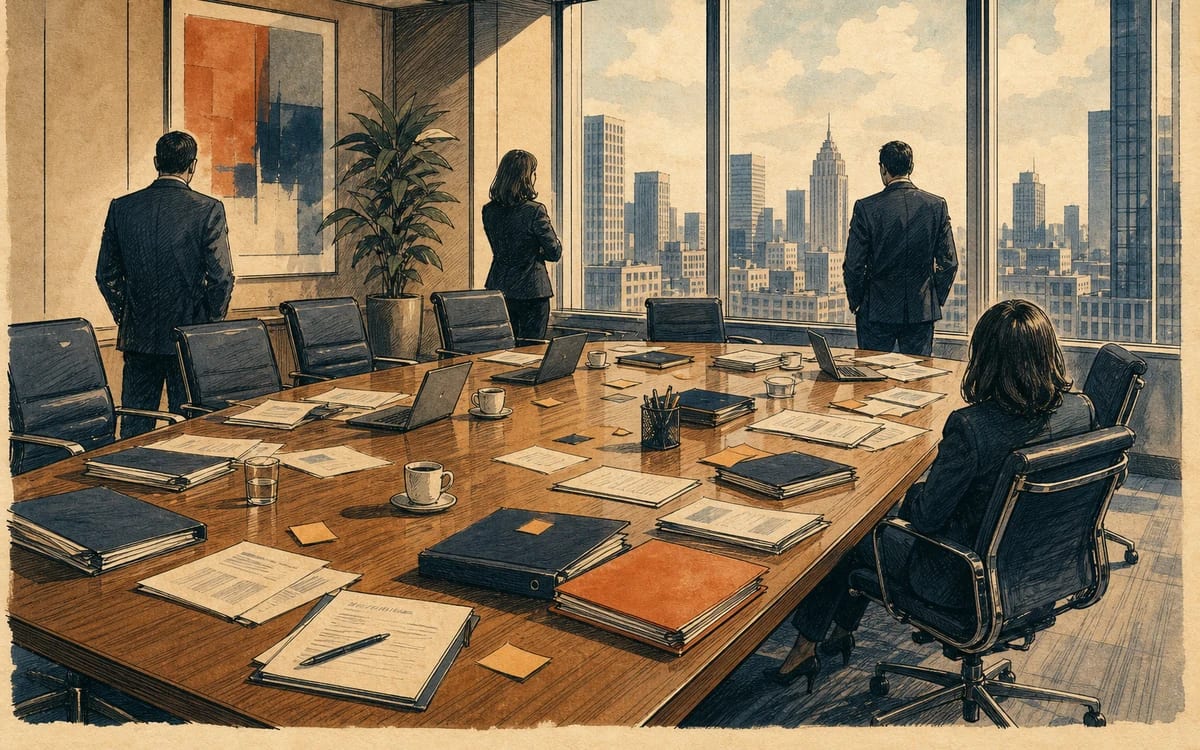 Illustration for the B2 story "Die Fusion": A merger meeting reveals that two departments have fundamentally different visions — and the mediator must find common ground before the deal collapses.