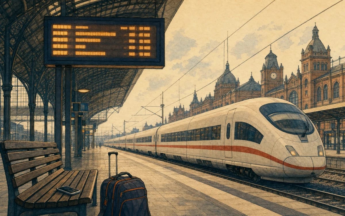 Illustration for the B2 story "Die Reise nach Hamburg": A missed train connection forces a consultant to navigate Hamburg's hidden corners, and what starts as a disaster becomes an unexpected lesson in patience.