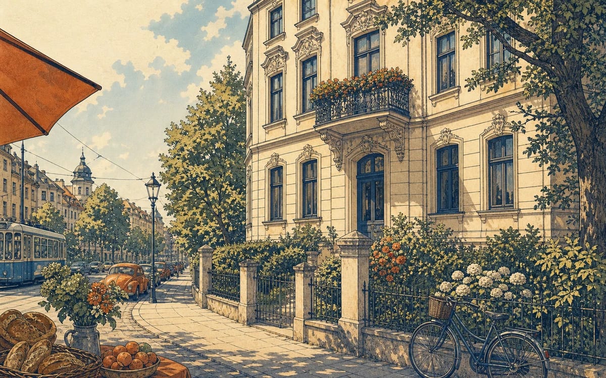 Illustration for the B1 story "Die Wohnungssuche": A young professional finds a promising apartment in Munich, but the viewing reveals that the rent is not the only price to pay.