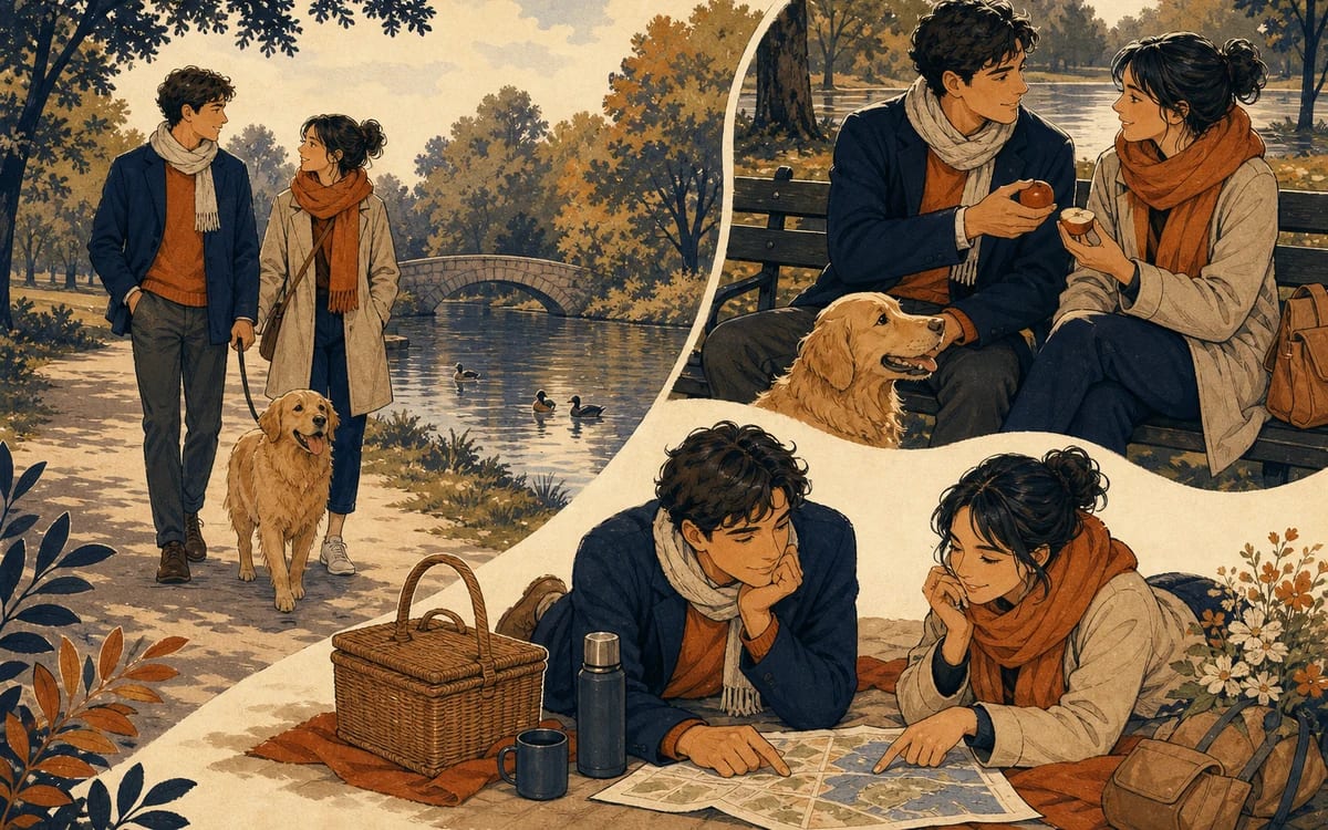 Illustration for the A2 story "Domenica al parco": Matteo e Lucia camminano con Leo vicino al laghetto, condividono una mela in panchina e progettano un picnic quando il tempo regge.