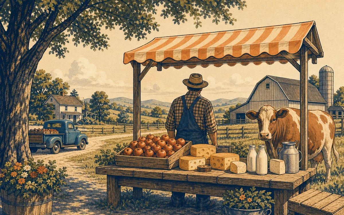 Illustration for the A1 story "Ein Besuch beim Bauern": A city child visits a Bavarian farm stand for the first time and must overcome her fear of a friendly cow to buy fresh milk.