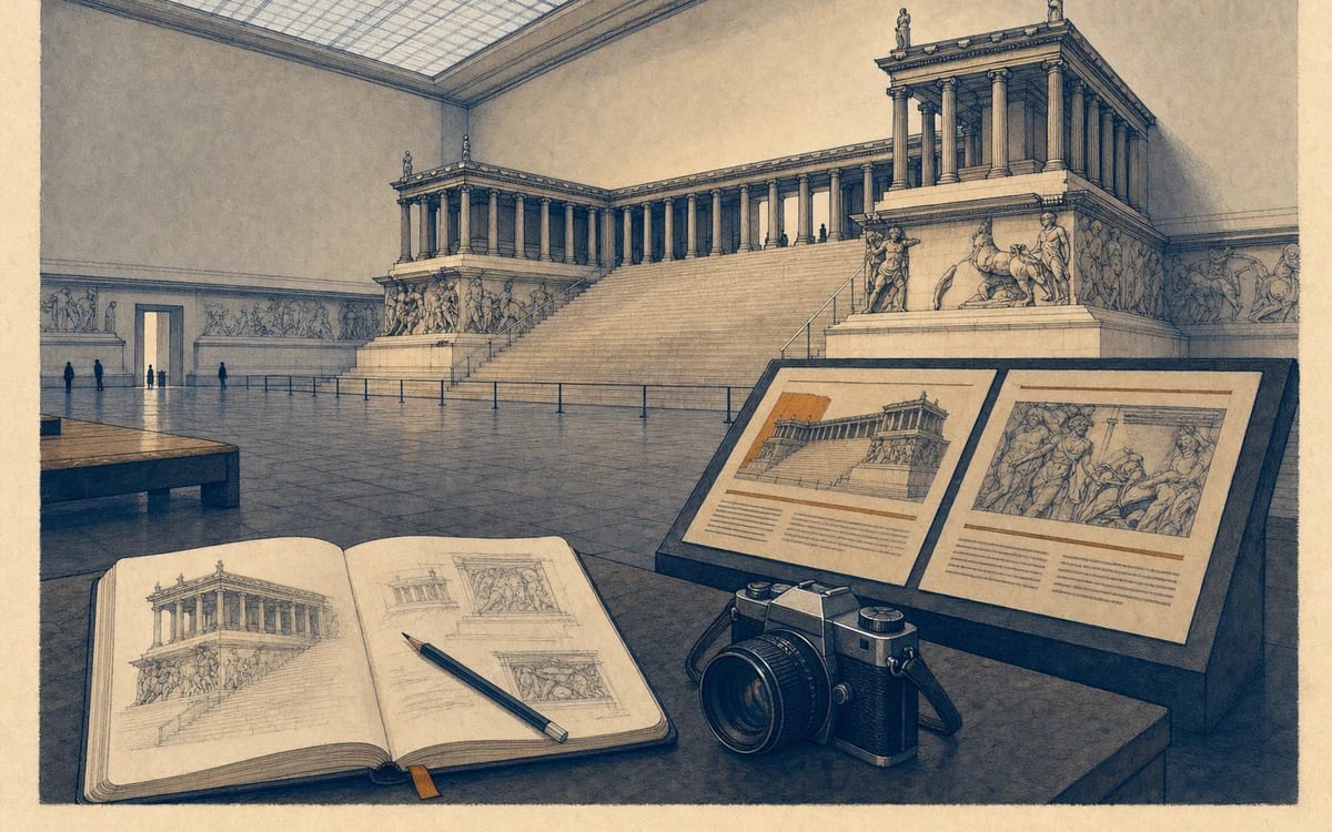 Illustration for the B1 story "Ein Besuch im Pergamonmuseum": Felix bargains with echoes in the Great Altar hall, hunts context on bilingual labels, and leaves wondering how much history silence can quietly compress.