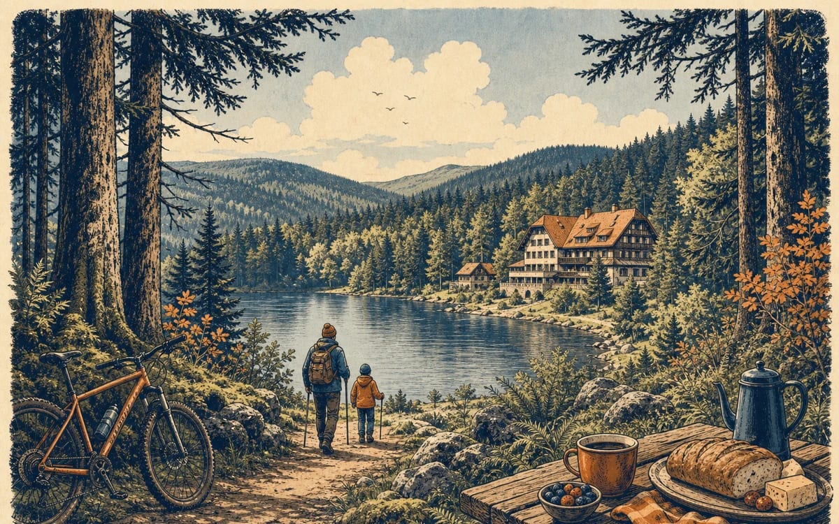 Illustration for the A1 story "Ein Tag im Schwarzwald": On Saturday, Maria and Jan drive to the Black Forest. They want to go hiking. The air is fresh and the forest is green. They walk on a narrow path between tall 